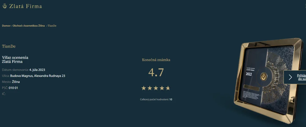 Kozmetika TianDe Žilina sme “Zlatá firma”